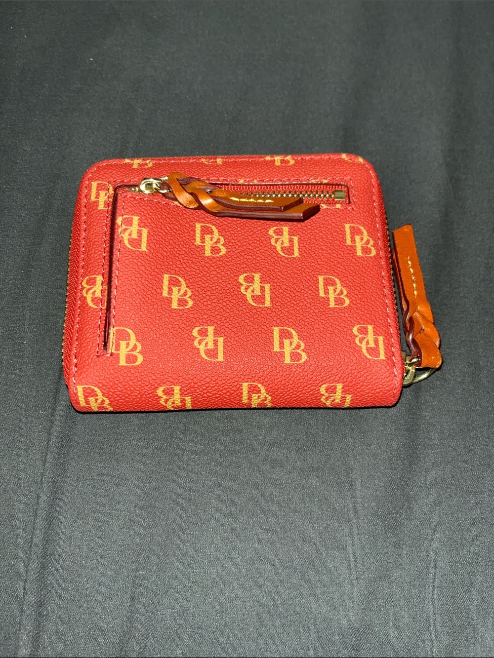 Red / Wine Color Dooney &Bourke Logo-Print Compact Wallet with Zip Pocket